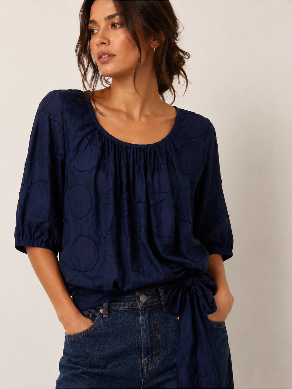 Tracy Reese Silk Navy Polka Dot Drop Waist Blouse